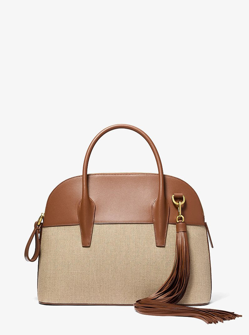 Michael Kors Kaitlin Large Linen and Leather Satchel | Limited Edition — Made in Italy en Branch/Hemp — vista frontal | Original Export