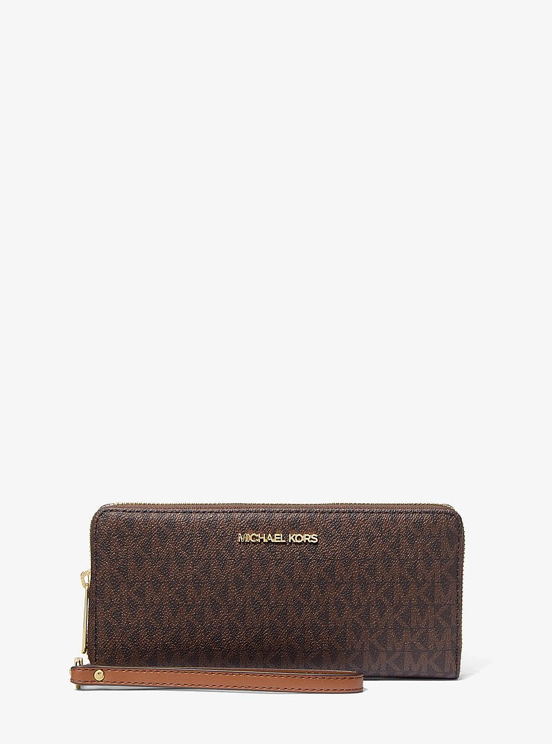 Carteira de Pulso Michael Kors Jet Set Travel Large Logo Continental Wristlet, Lona com Logo Signature, cor Marrom, vista frontal | Original Exports
