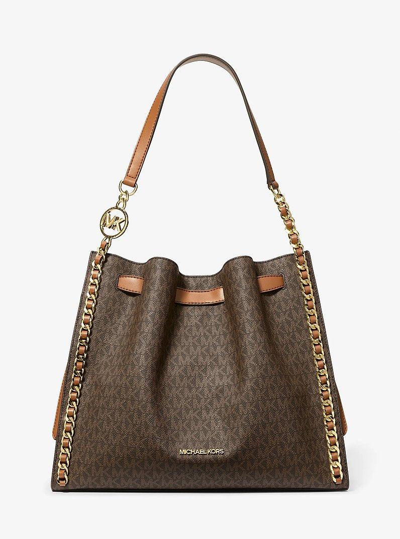 Michael Kors Mina Large Signature Logo Chain Shoulder Bag en Brown — vista frontal | Original Export
