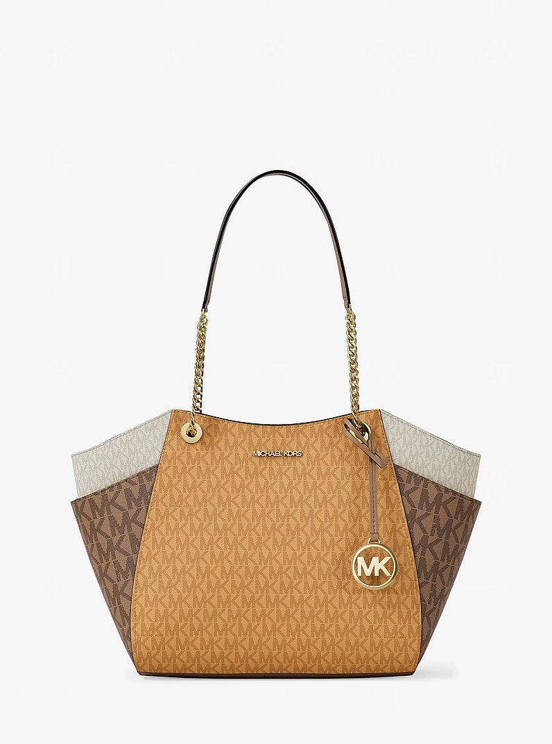 Michael Kors Jet Set Large Color-Block Signature Logo Tote Bag en Honeywheat Multi — vista frontal | Original Export