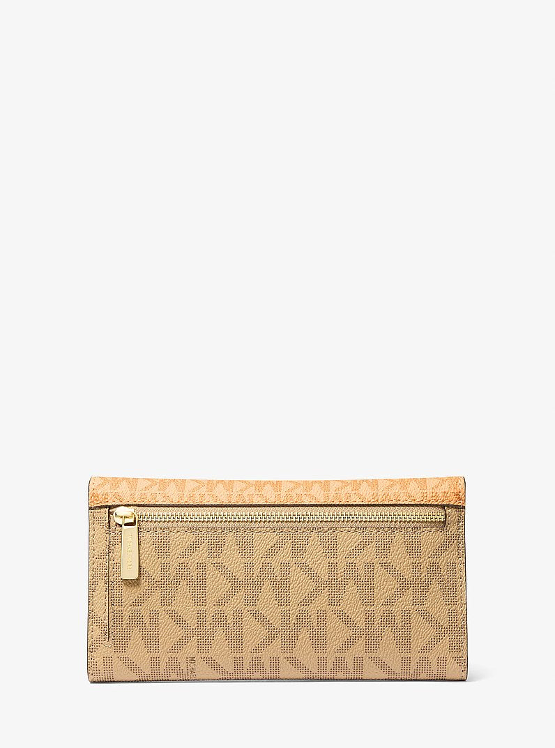 Carteira Michael Kors Jet Set Large Signature Logo Tri-Fold Wallet, Lona com Logo Signature, cor Honeywheat Multicolor, detalhe do material | Original Exports