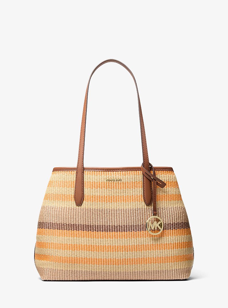 Michael Kors Avalon Medium Striped Woven Tote Bag en Rad Ornge Ml — vista frontal | Original Export