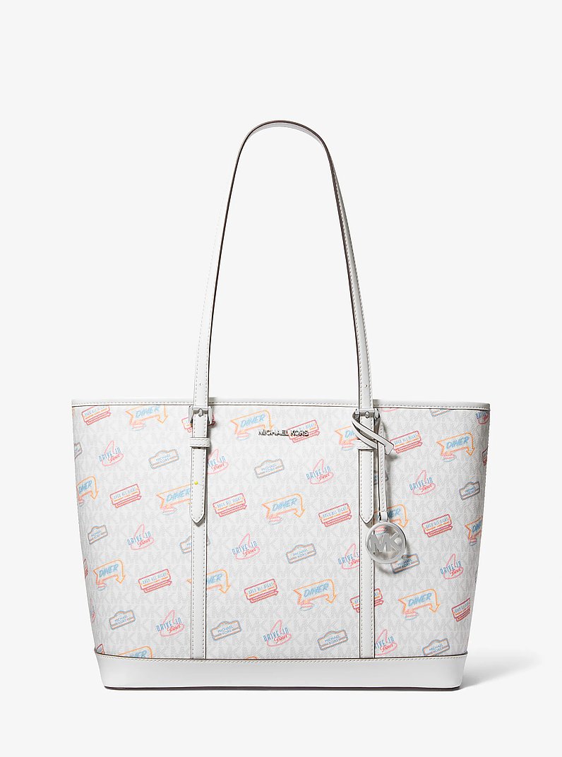 Michael Kors Jet Set Large Printed Signature Logo Tote Bag en Black — vista frontal | Original Export