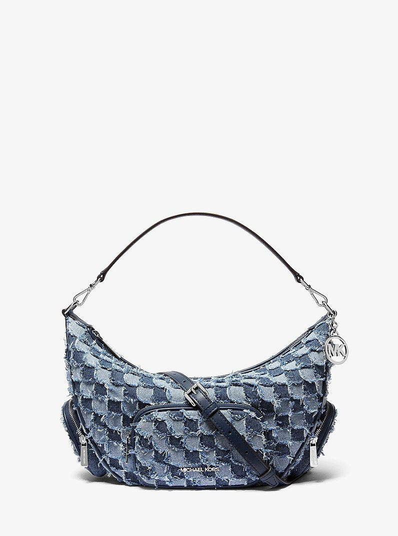 Michael Kors Merritt Medium Patchwork Denim Convertible Shoulder Bag en Washed Denim — vista frontal | Original Export