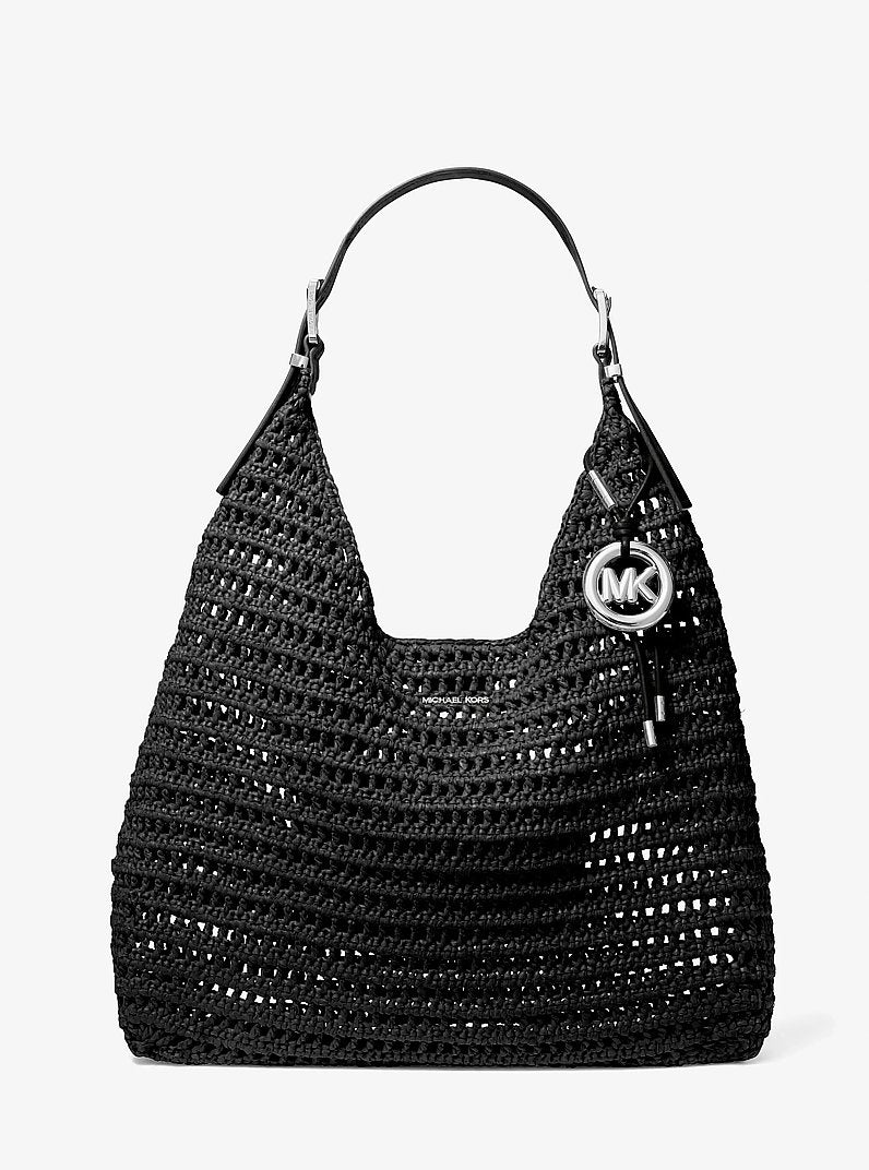 Nolita Large Crocheted Hobo Shoulder Bag in BLACK/BLACK