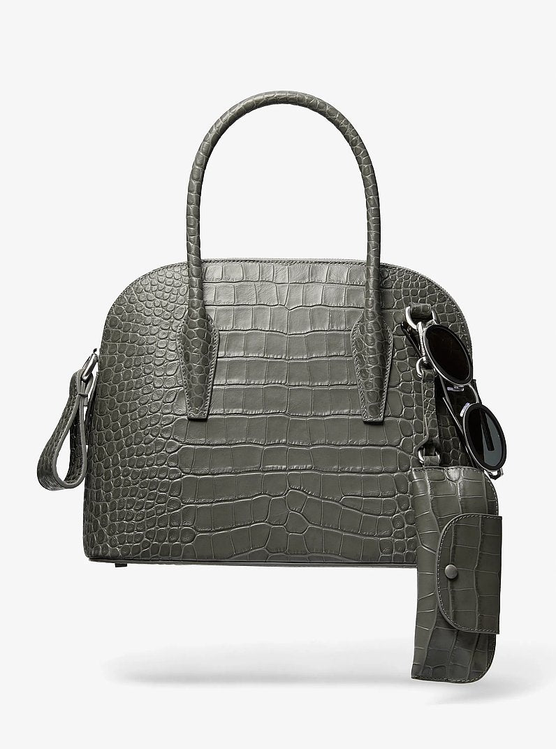 Kaitlin Medium Crocodile Embossed Leather Dome Satchel in BLACK
