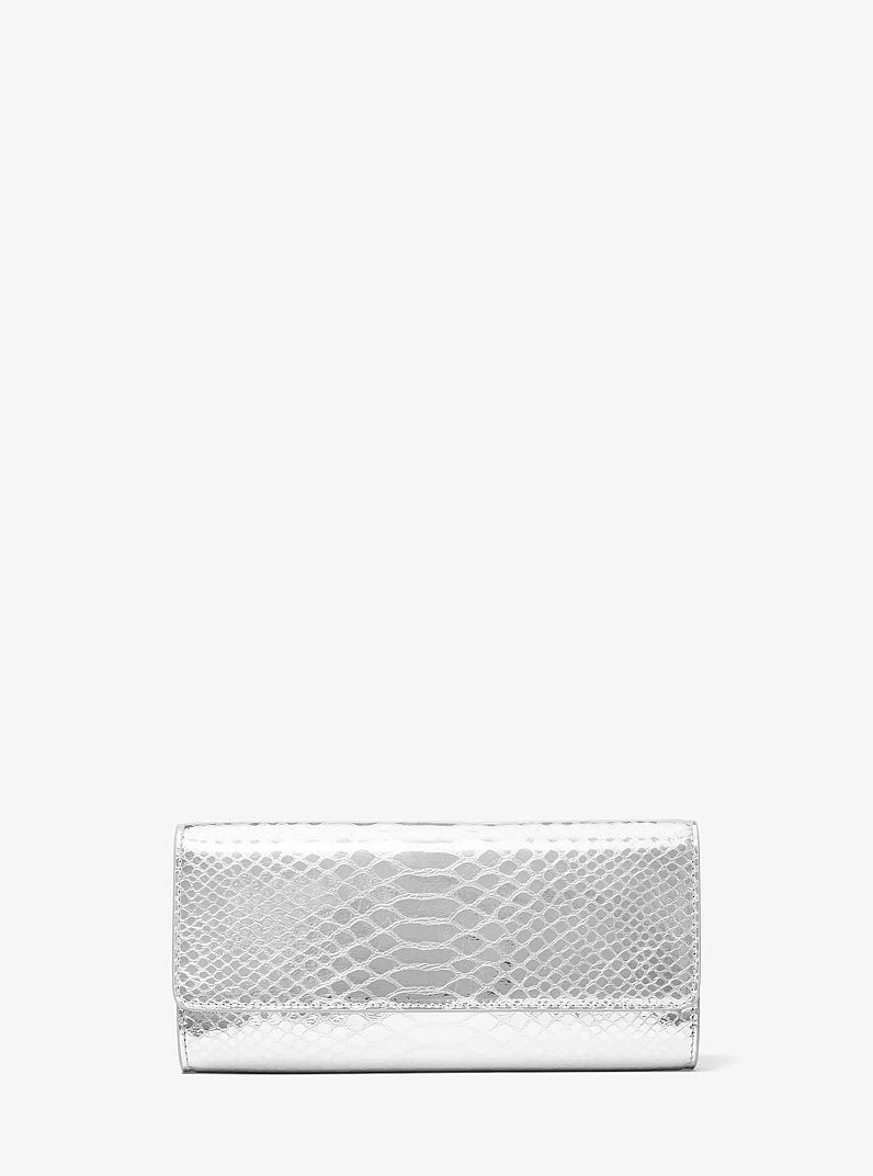 Michael Kors Cate Metallic Snake Embossed Leather Clutch | Limited Edition — Made in Italy en Silver — vista frontal | Original Export