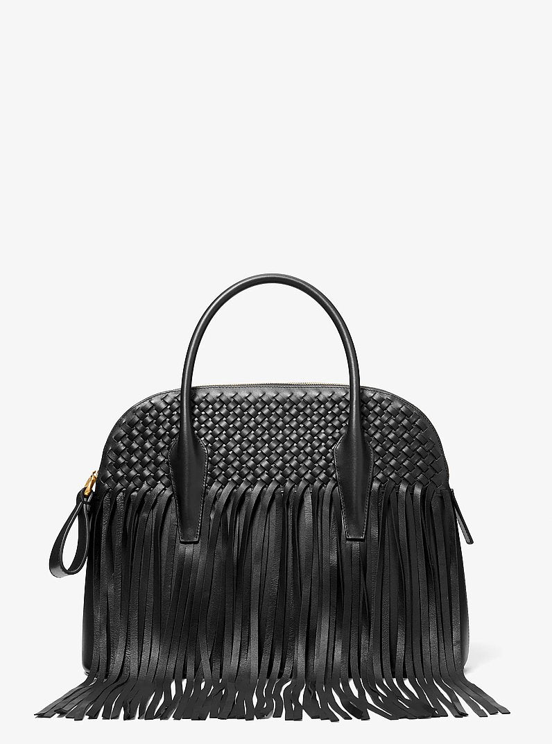 Kaitlin Large Fringed Woven Leather Dome Satchel in BLACK