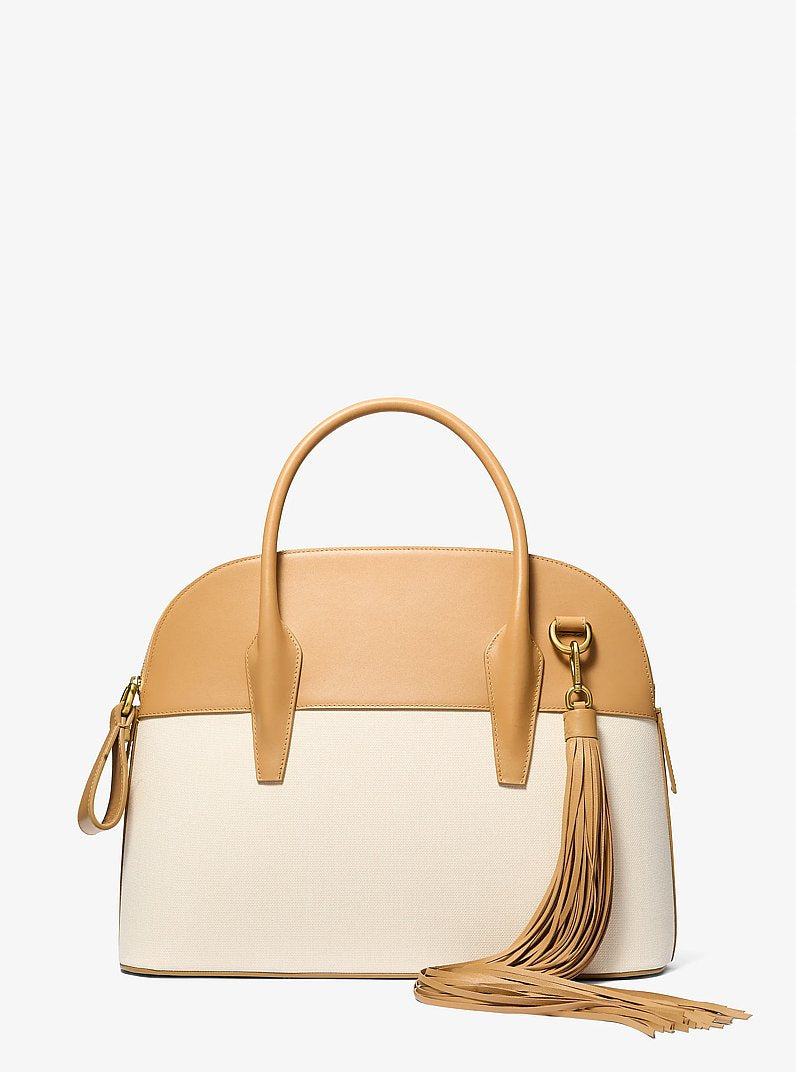 Kaitlin Large Canvas and Leather Satchel in CASHEW/ECRU