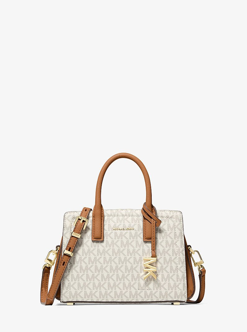 Michael Kors Laila Extra-Small Signature Logo Crossbody Bag | Limited Edition — Made in Italy en Vanilla/Acorn — vista frontal | Original Export