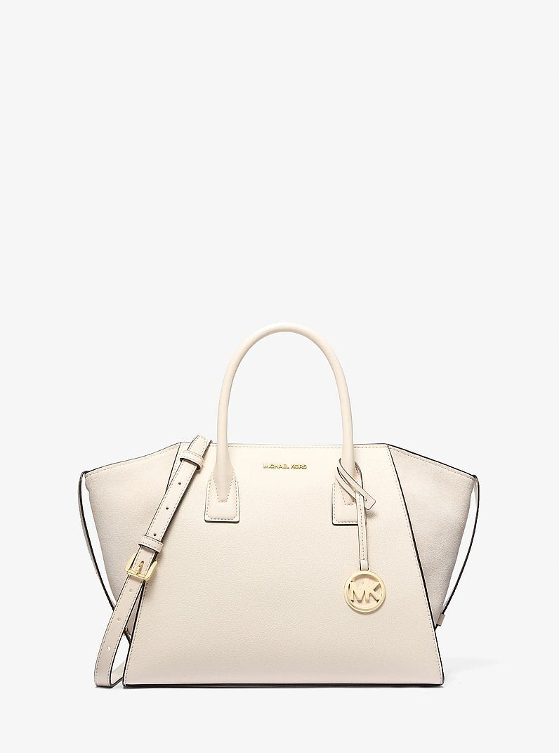 Bolsa Michael Kors Avril Large Leather and Suede Satchel, Couro e Suede, cor Creme Claro, vista frontal | Original Exports