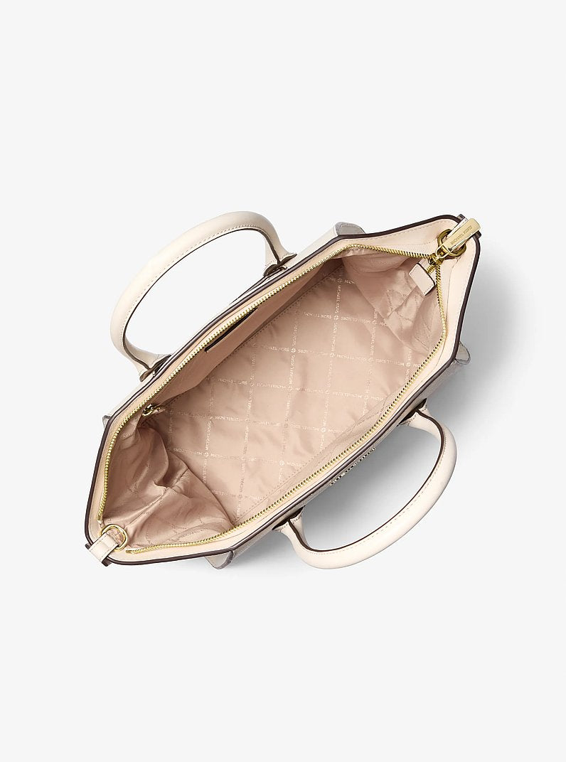 Bolsa Michael Kors Avril Large Leather and Suede Satchel, Couro e Suede, cor Creme Claro, vista lateral | Original Exports