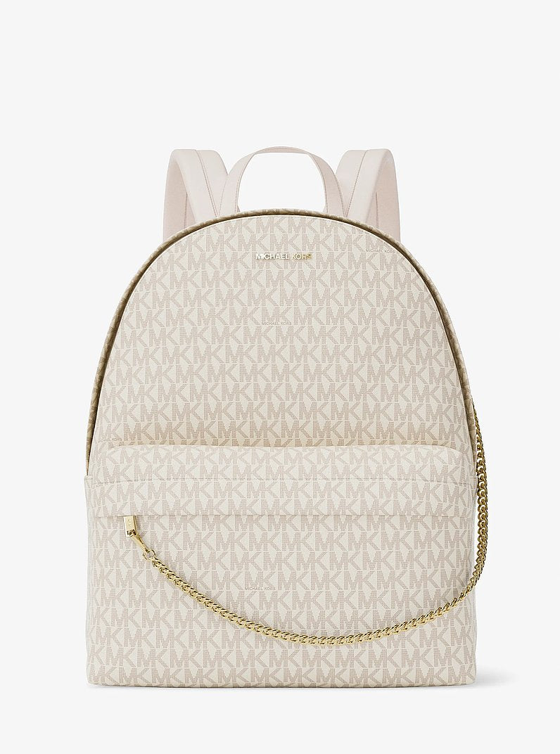 Mochila Michael Kors Slater Medium Signature Logo Backpack, Lona com Logo Signature, cor Creme Claro Multicolor, vista frontal | Original Exports