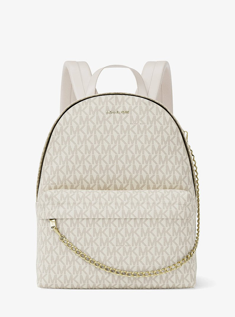Mochila Michael Kors Slater Large Signature Logo Backpack, Lona com Logo Signature, cor Creme Claro Multicolor, vista frontal | Original Exports