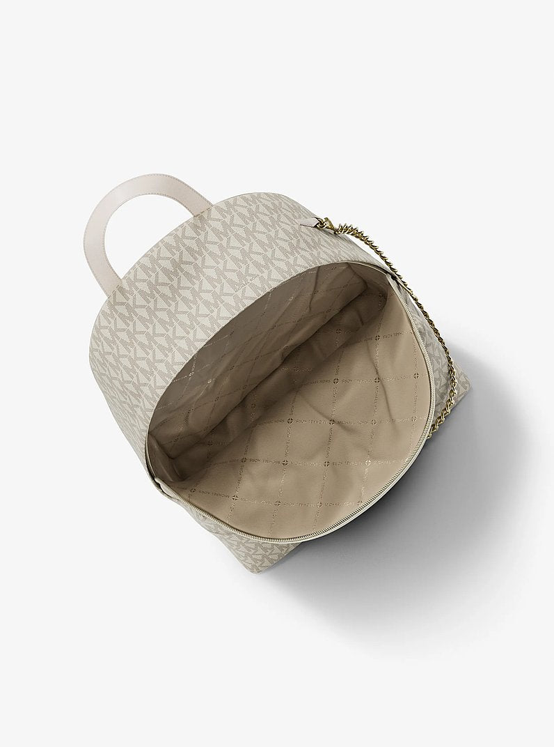 Mochila Michael Kors Slater Large Signature Logo Backpack, Lona com Logo Signature, cor Creme Claro Multicolor, vista lateral | Original Exports