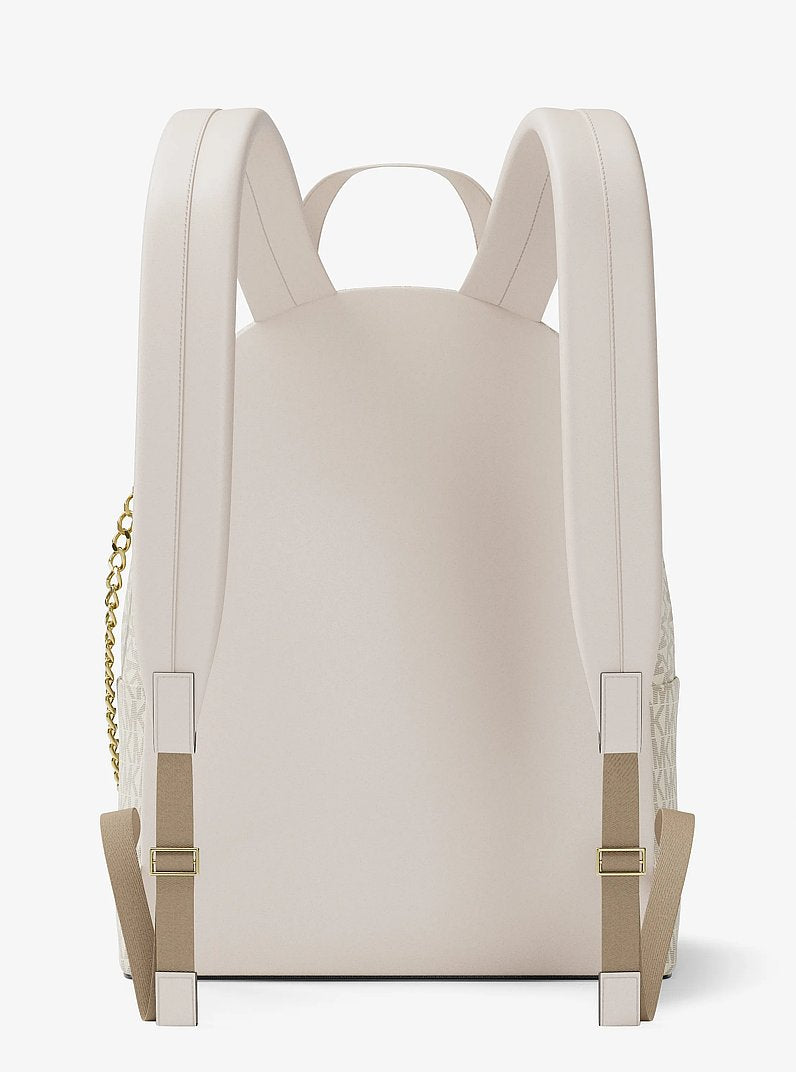 Mochila Michael Kors Slater Large Signature Logo Backpack, Lona com Logo Signature, cor Creme Claro Multicolor, detalhe do material | Original Exports