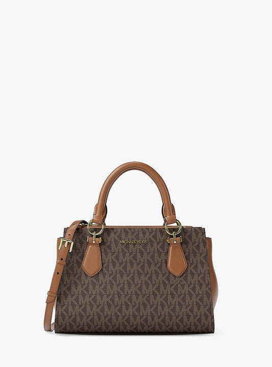 Michael Kors Marilyn Small Signature Logo Messenger Bag en Brown — vista frontal | Original Export