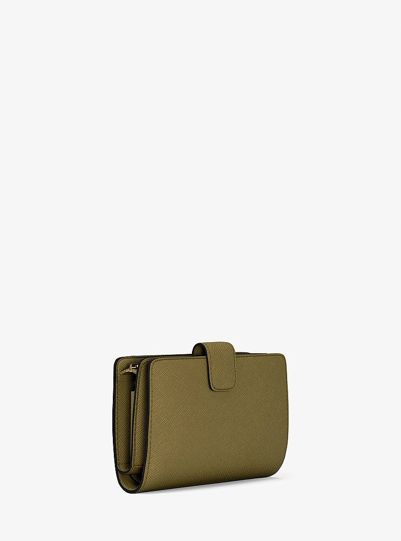 Carteira Michael Kors Medium Crossgrain Leather Wallet, Couro Crossgrain, cor Oregano (Verde Musgo), detalhe do material | Original Exports