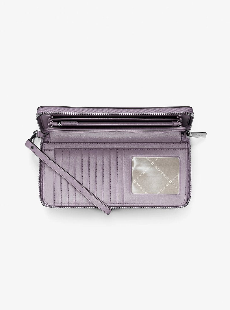 Carteira Michael Kors Large Pebbled Leather Continental Wallet, Couro Pebbled, cor Lilás, vista lateral | Original Exports