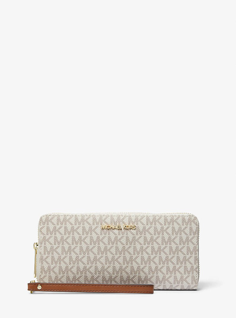 Carteira de Pulso Michael Kors Jet Set Travel Large Logo Continental Wristlet, Lona com Logo Signature, cor Vanilla (Bege Claro), vista frontal | Original Exports
