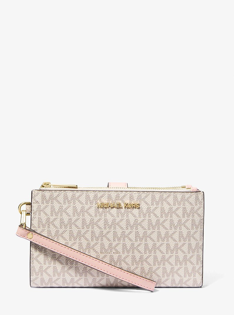 Carteira para Celular Michael Kors Jet Set Travel Signature Logo Smartphone Wallet, Lona com Logo Signature, cor Powder Blush Multicolor, vista frontal | Original Exports