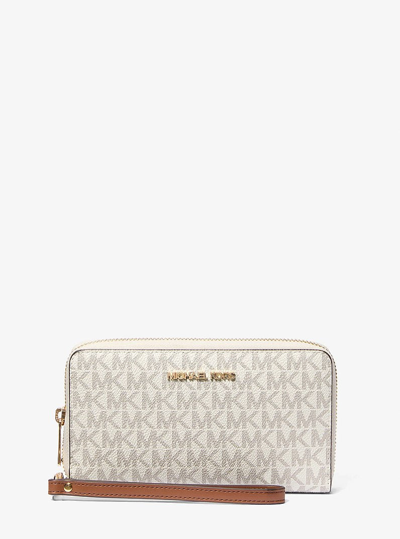 Carteira de Pulso para Celular Michael Kors Jet Set Signature Logo Smartphone Wristlet, Lona com Logo Signature, cor Vanilla (Bege Claro), vista frontal | Original Exports
