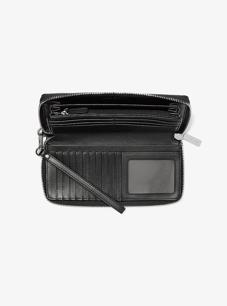 Carteira Michael Kors Jet Set Travel Large Signature Logo Continental Wallet, Lona com Logo Signature, cor Preto, vista lateral | Original Exports