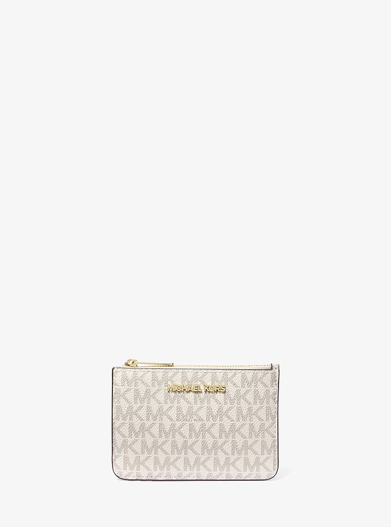 Porta-moedas Michael Kors Jet Set Travel Small Signature Logo Coin Purse, Lona com Logo Signature, cor Vanilla (Bege Claro), vista frontal | Original Exports