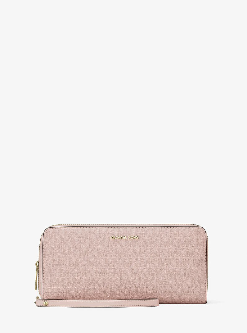 Carteira de Pulso Michael Kors Jet Set Travel Large Signature Logo Continental Wristlet, Lona com Logo Signature, cor Powder Blush (Rosa Empoeirado), vista frontal | Original Exports