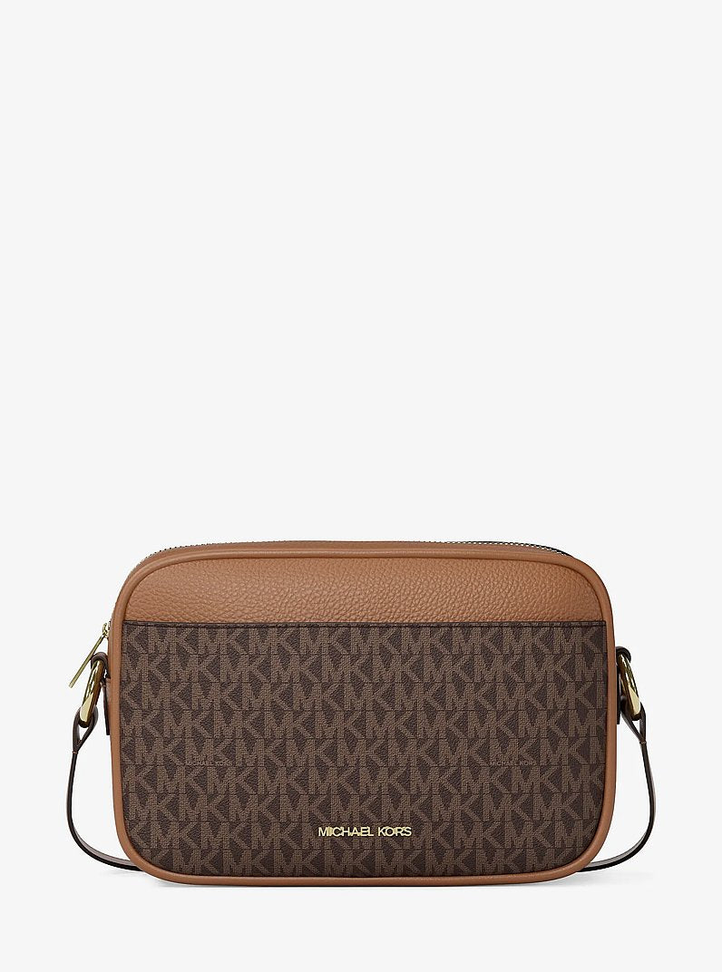 Michael Kors Jet Set Travel Large Signature logo Camera Crossbody Bag en Brown — vista frontal | Original Export
