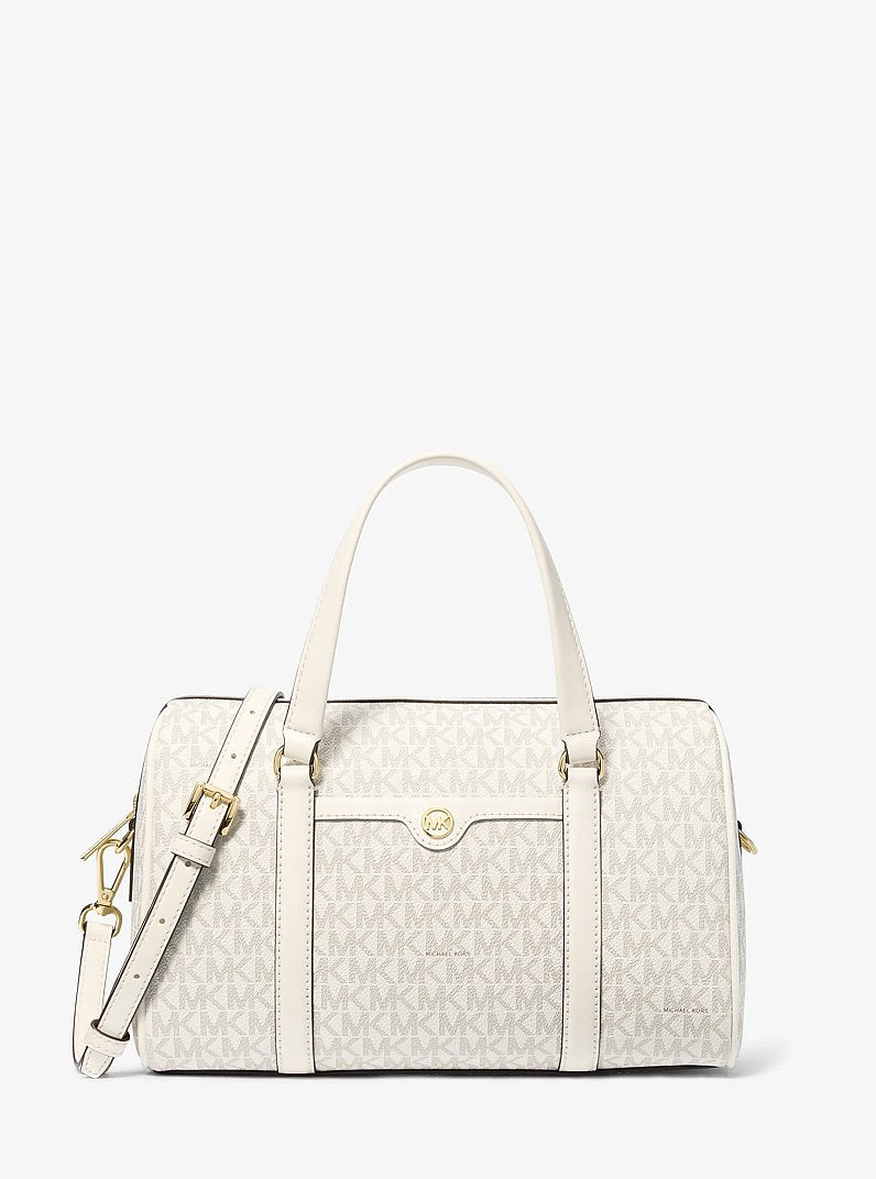 Bolsa Michael Kors Jet Set Travel Medium Signature Logo Duffel Crossbody Bag, Lona com Logo Signature, cor Creme Claro Multicolor, vista frontal | Original Exports