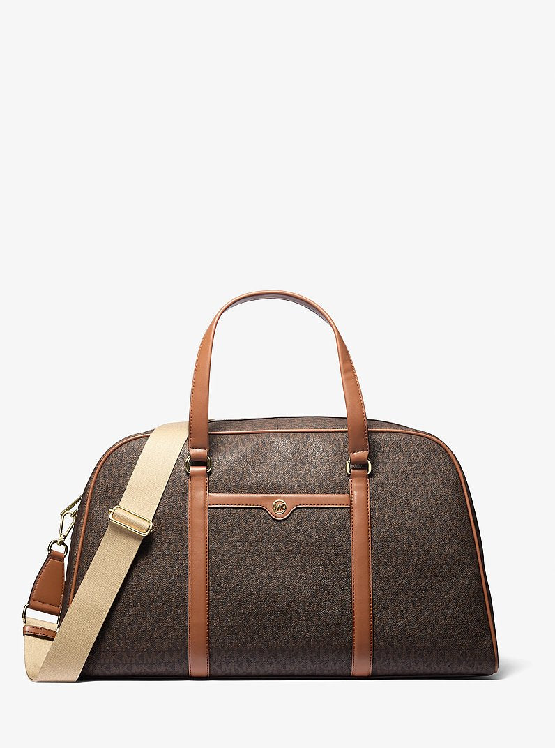 Bolsa Michael Kors Jet Set Travel Extra-Large Signature Logo Weekender Bag, Lona com Logo Signature, cor Marrom, vista frontal | Original Exports