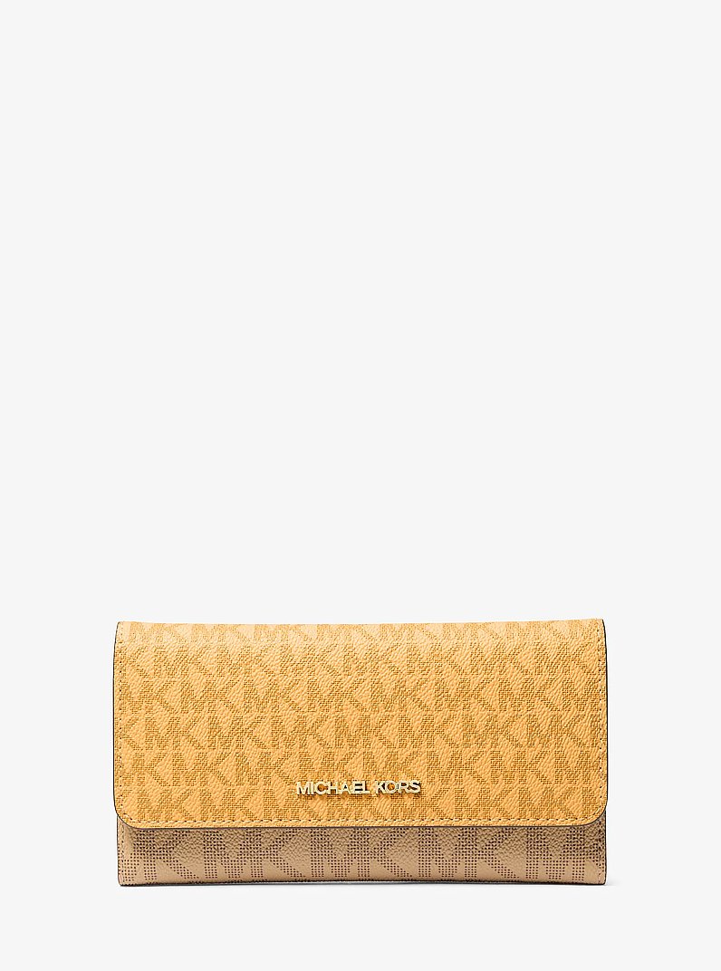 Carteira Michael Kors Jet Set Large Signature Logo Tri-Fold Wallet, Lona com Logo Signature, cor Honeywheat Multicolor, vista frontal | Original Exports