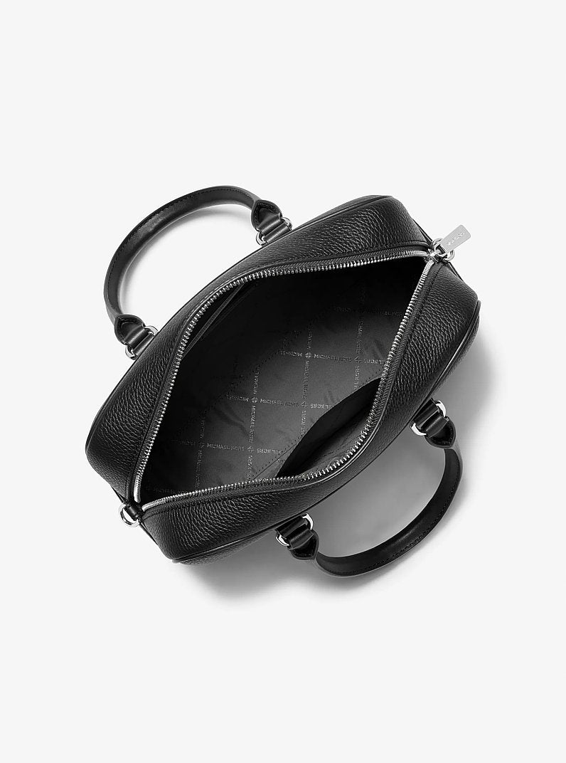 Bolsa Michael Kors Thompson Medium Pebbled Leather Satchel, Couro Pebbled, cor Preto, vista lateral | Original Exports