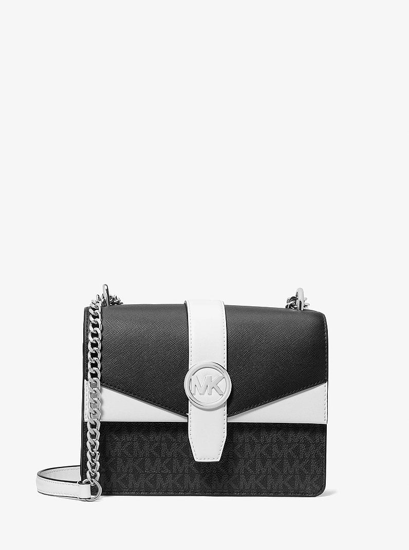 Michael Kors Greenwich Small Color-Block Signature Logo Crossbody Bag en Black Combo — vista frontal | Original Export