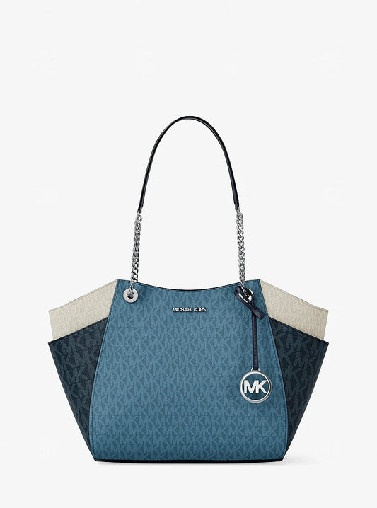 Michael Kors Jet Set Large Color-Block Signature Logo Shoulder Bag en Denim Multi — vista frontal | Original Export
