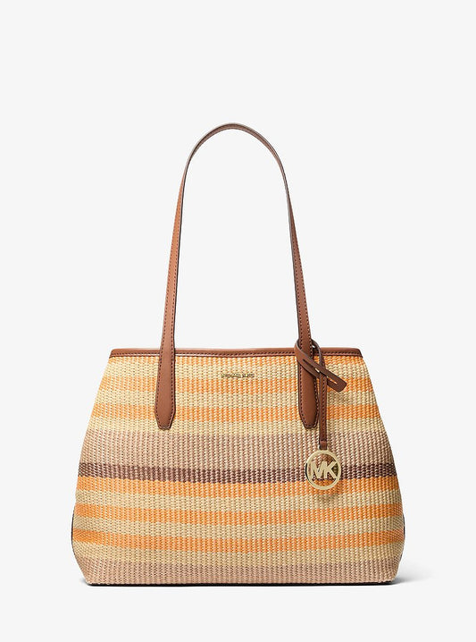 Michael Kors Avalon Medium Striped Woven Tote Bag en Rad Ornge Ml — vista frontal | Original Export