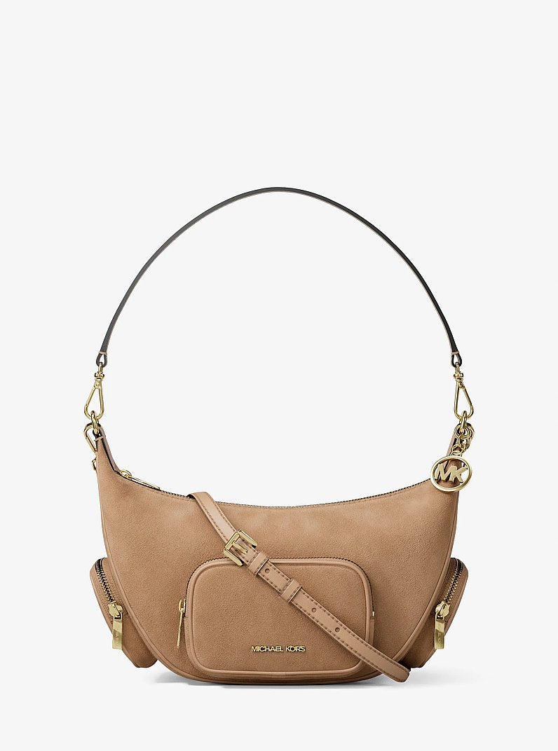 Michael Kors Merritt Medium Suede Convertible Shoulder Bag en Honeywheat — vista frontal | Original Export