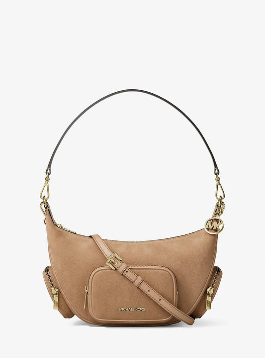 Michael Kors Merritt Medium Suede Convertible Shoulder Bag en Honeywheat — vista frontal | Original Export