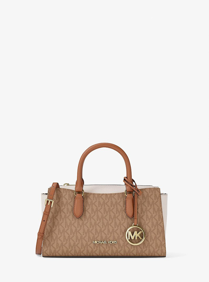 Bolsa Michael Kors Arden Small Color-Block Signature Logo Messenger Bag, Lona com Logo Signature, cor Camel Multicolor, vista frontal | Original Exports