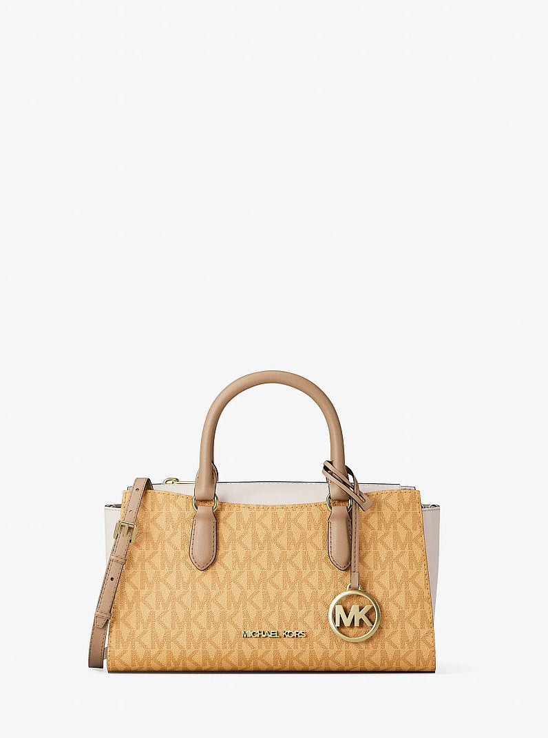 Bolsa Michael Kors Arden Small Color-Block Signature Logo Messenger Bag, Lona com Logo Signature, cor Honeywheat Multicolor, vista frontal | Original Exports