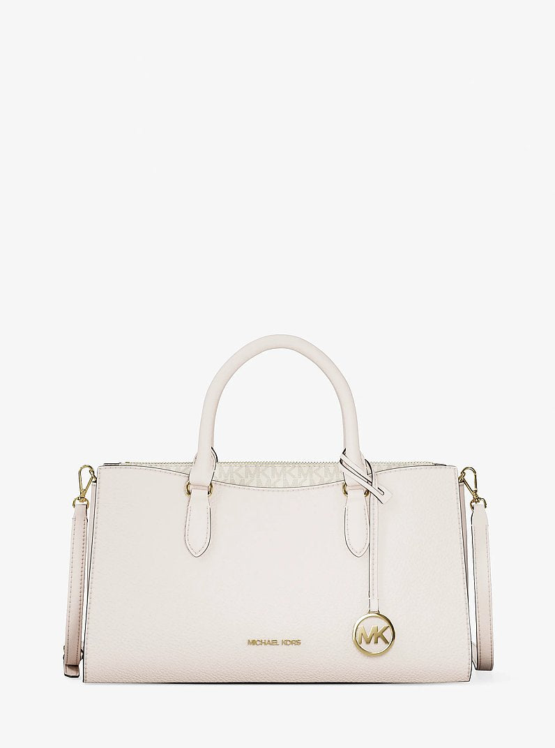 Bolsa Michael Kors Arden Medium Leather Top-Zip Satchel, Couro Pebbled, cor Creme Claro, vista frontal | Original Exports