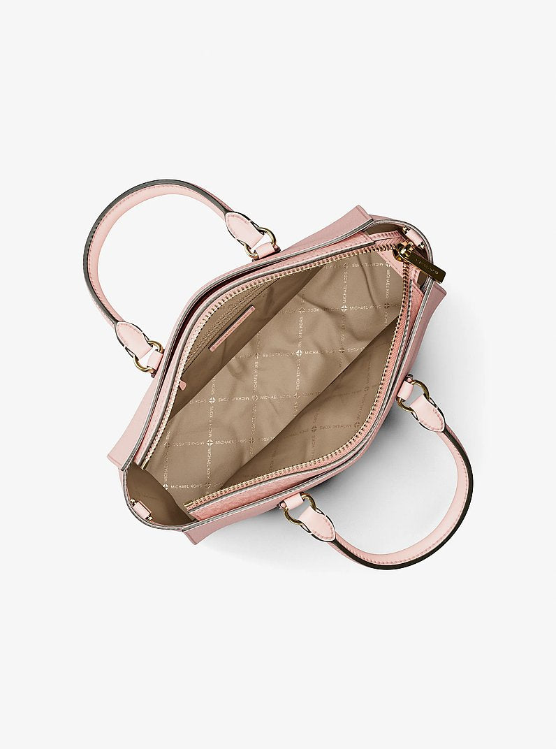 Bolsa Michael Kors Arden Medium Leather Top-Zip Satchel, Couro Pebbled, cor Powder Blush (Rosa Empoeirado), vista lateral | Original Exports