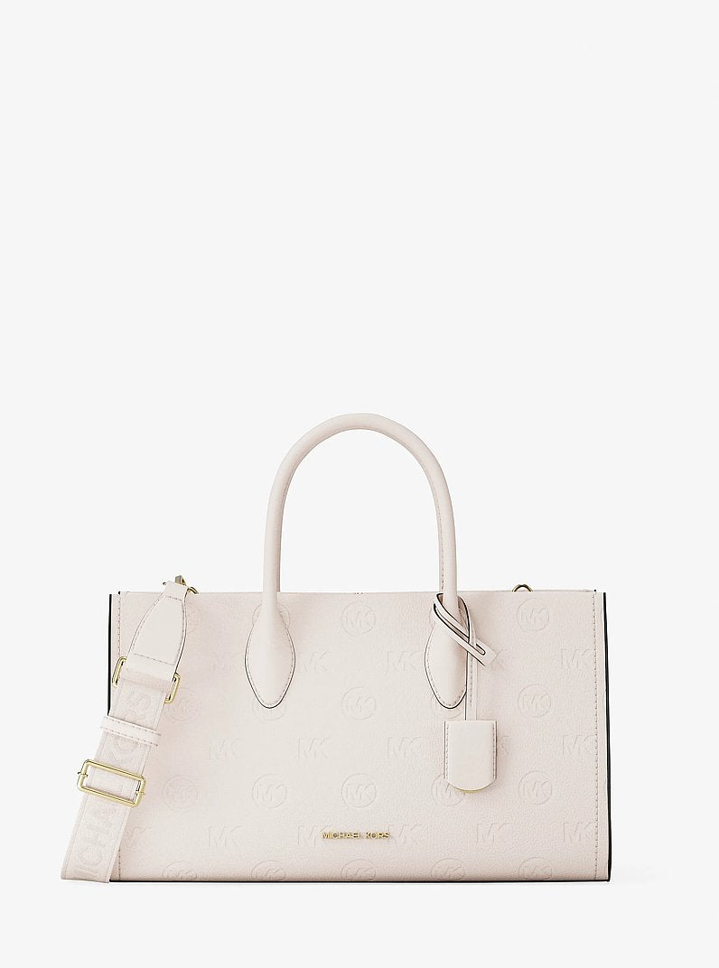 Bolsa Michael Kors Mirella Medium Logo Debossed Satchel, Couro Vegano, cor Creme Claro, vista frontal | Original Exports