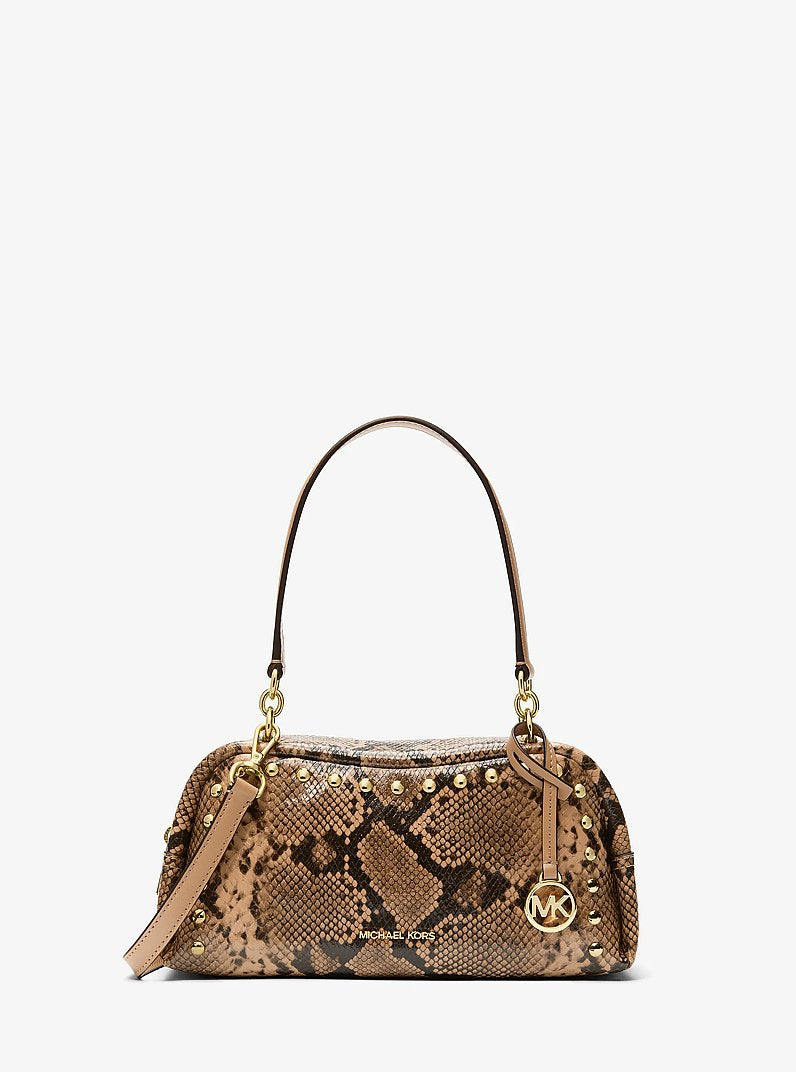 Cecily Small Studded Snake Embossed Shoulder Bag in LT CREAM