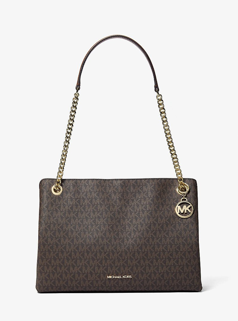 Bolsa Michael Kors Christina Medium Signature Logo Messenger Bag, Lona com Logo Signature, cor Marrom, vista frontal | Original Exports