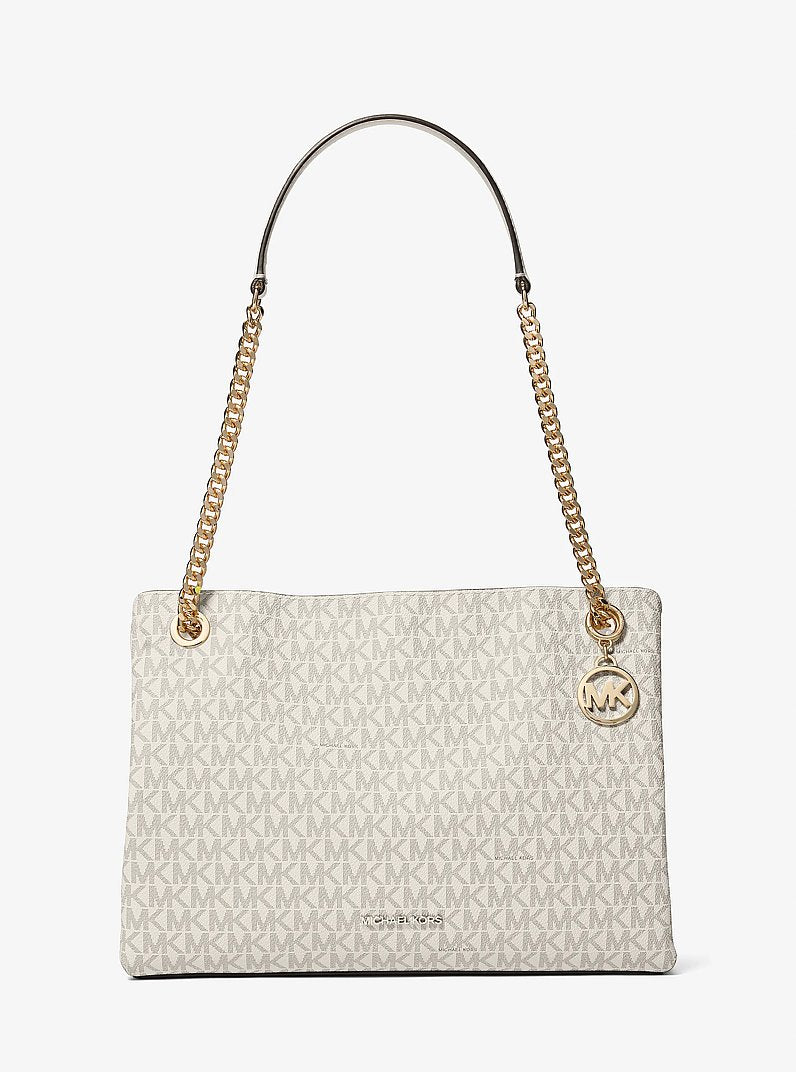 Bolsa Michael Kors Christina Medium Signature Logo Messenger Bag, Lona com Logo Signature, cor Creme Claro Multicolor, vista frontal | Original Exports
