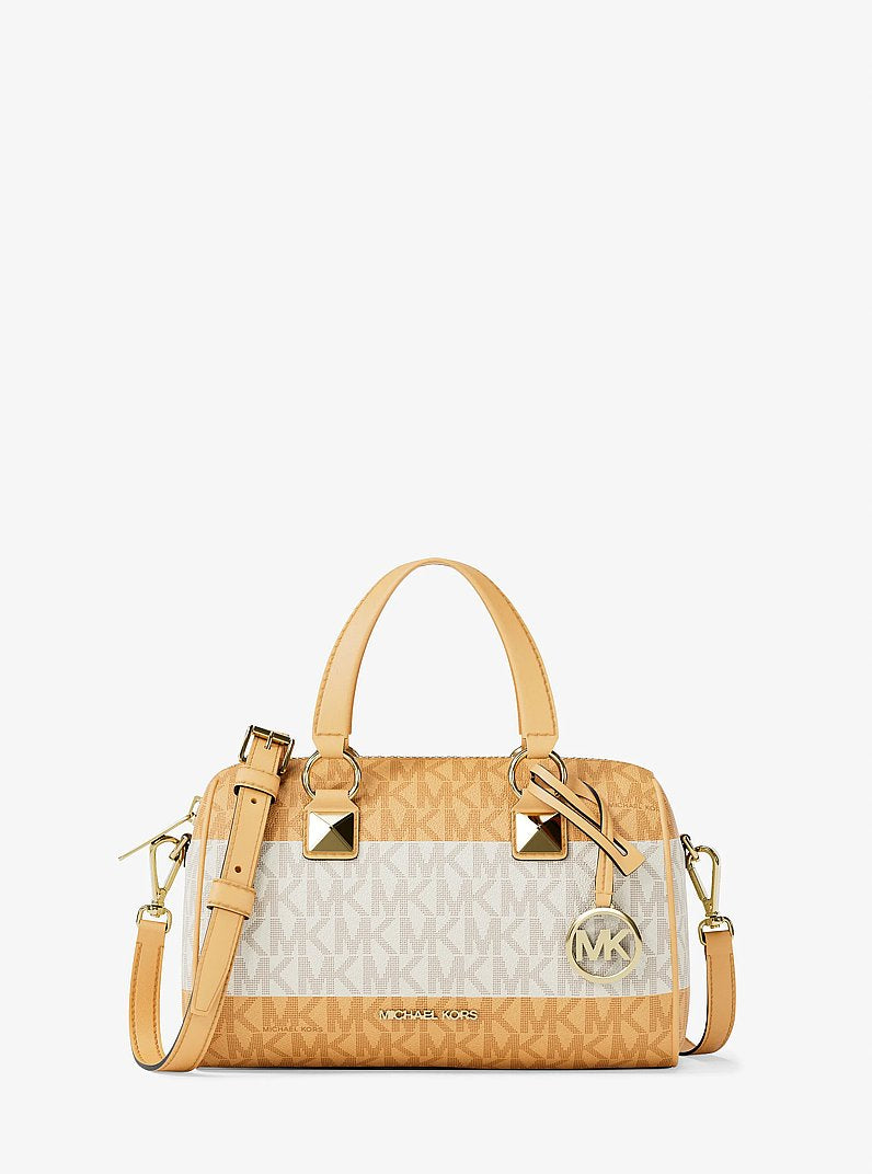 Grayson Small Striped Signature Logo Duffel Crossbody Bag in HONEYWHEAT | Michael Kors