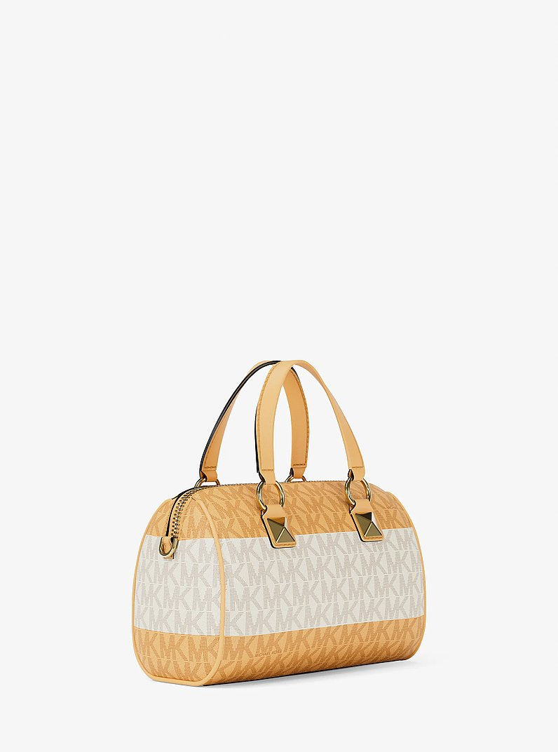 Michael Kors Grayson Small Striped Signature Logo Duffel Crossbody Bag en Navy — vista trasera | Original Export
