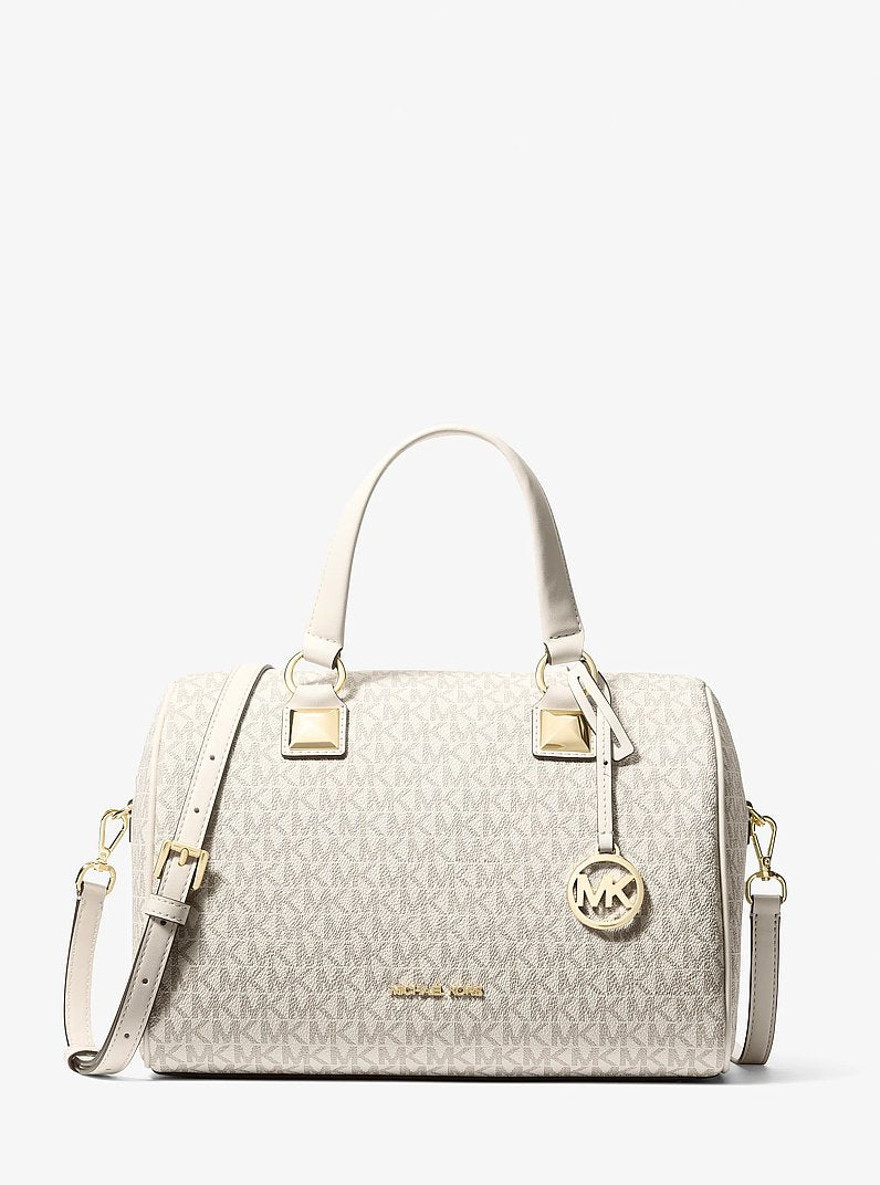 Bolsa Michael Kors Grayson Medium Signature Logo Duffel Bag, Lona com Logo Signature, cor Creme Claro Multicolor, vista frontal | Original Exports